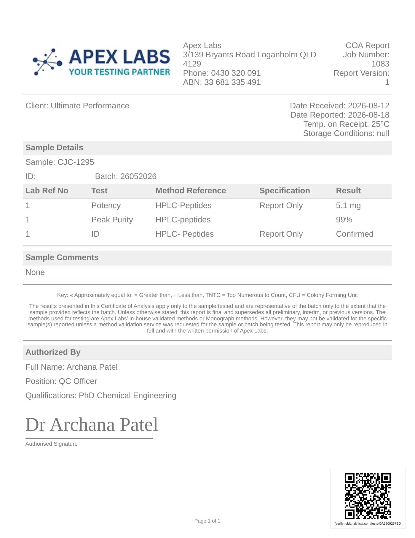 Apex Labs Pty Ltd laboratory report for CJC-1295, test QA2609267BD, page 1 of 1